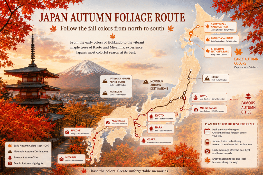 Japan autumn foliage route map showing the best destinations and peak fall color periods from Hokkaido to Kyoto and Miyajima