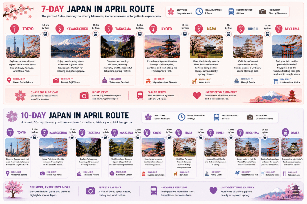 7 and 10-day Japan in April itinerary featuring Tokyo, Mount Fuji, Takayama, Kanazawa, Kyoto, Nara, Himeji, Hiroshima, Miyajima, and Osaka during cherry blossom season