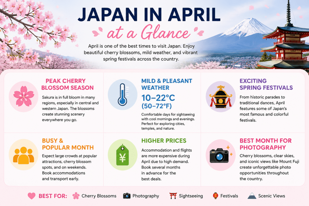 Infographic showing Japan in April at a glance, including cherry blossom season, temperatures, spring festivals, crowds, travel costs, and photography opportunities.