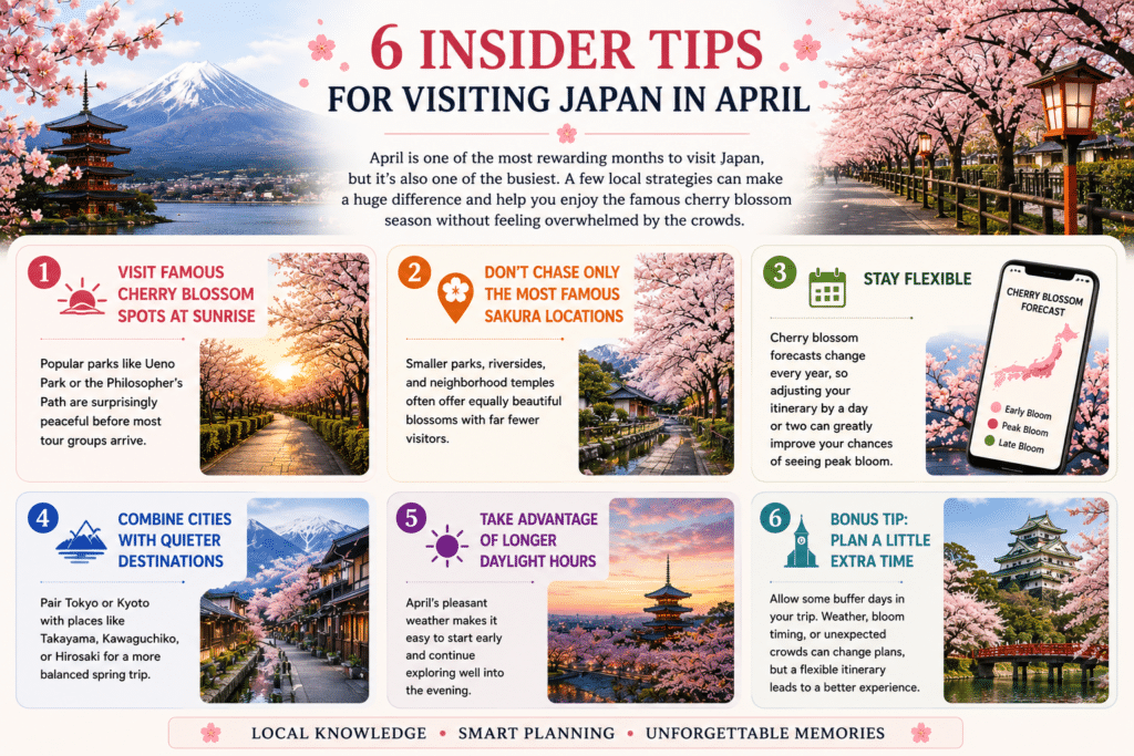 6 insider tips for visiting Japan in April, featuring cherry blossom travel advice, Mount Fuji, Kyoto, Tokyo, and spring sightseeing tips