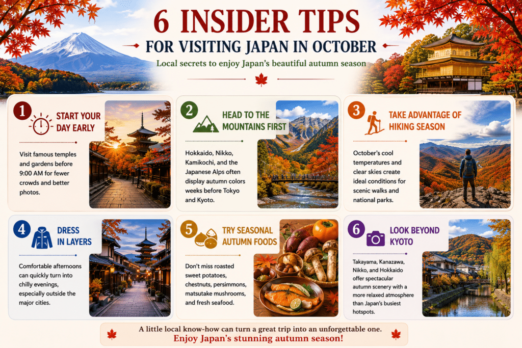 Infographic with six insider tips for visiting Japan in October, including autumn foliage, hiking, seasonal foods, Kyoto, Mount Fuji, and travel planning advice
