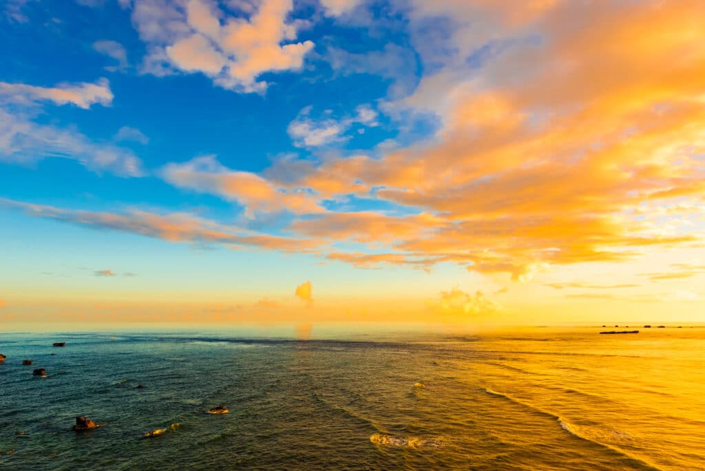 Golden sunset over the ocean coastline in Japan during October