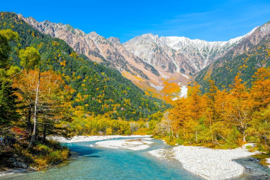 Kamikochi valley and Japanese Alps surrounded by autumn colors
