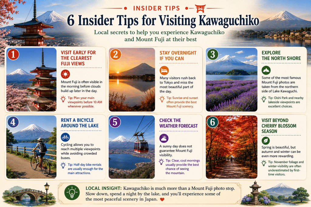 Infographic showing six insider tips for visiting Kawaguchiko including Mount Fuji viewpoints, cycling, seasonal travel advice, and overnight stays