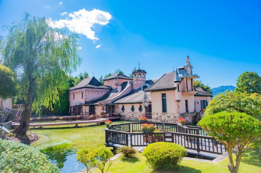 Kawaguchiko Music Forest Museum with landscaped gardens and European-style architecture