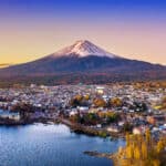 Panoramic view of Kawaguchiko town and Lake Kawaguchi with Mount Fuji at sunset