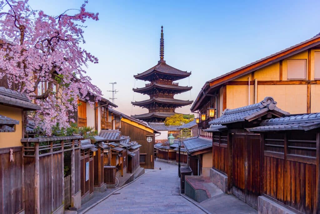 Yasaka Pagoda framed by cherry blossoms in Kyoto's historic Higashiyama district