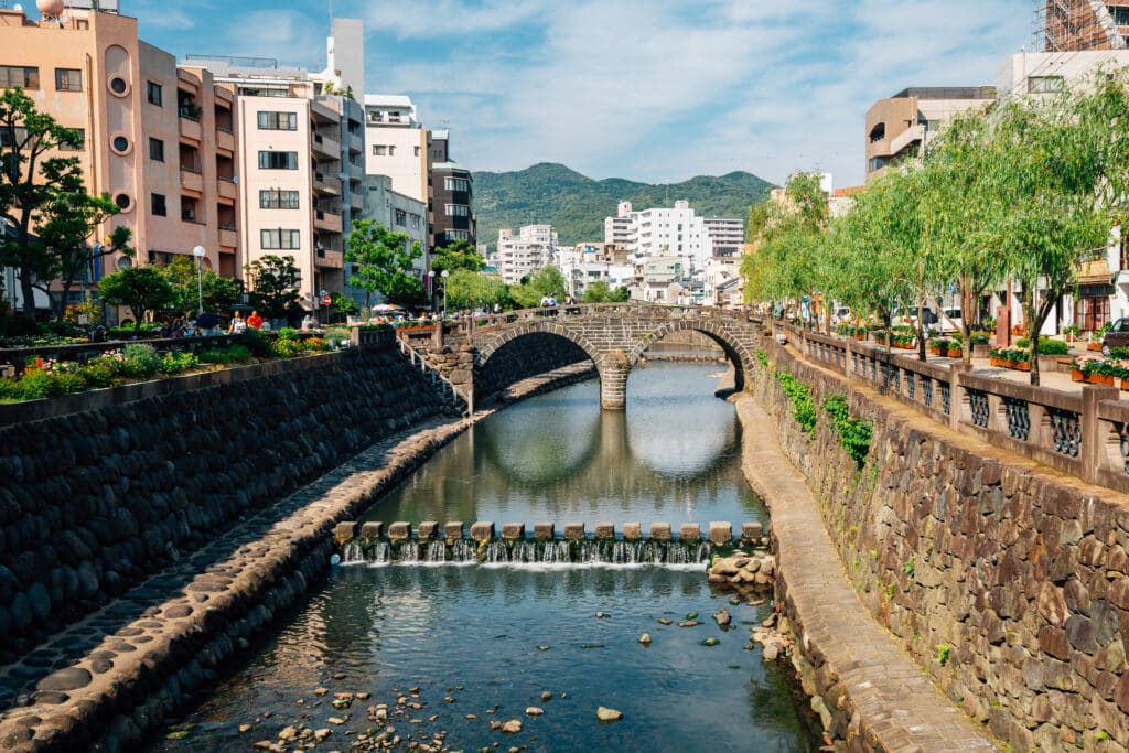 Meganebashi Spectacles Bridge crossing a canal in central Nagasaki