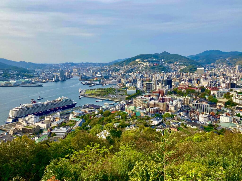 Panoramic view of Nagasaki city and harbor from a hillside viewpoint