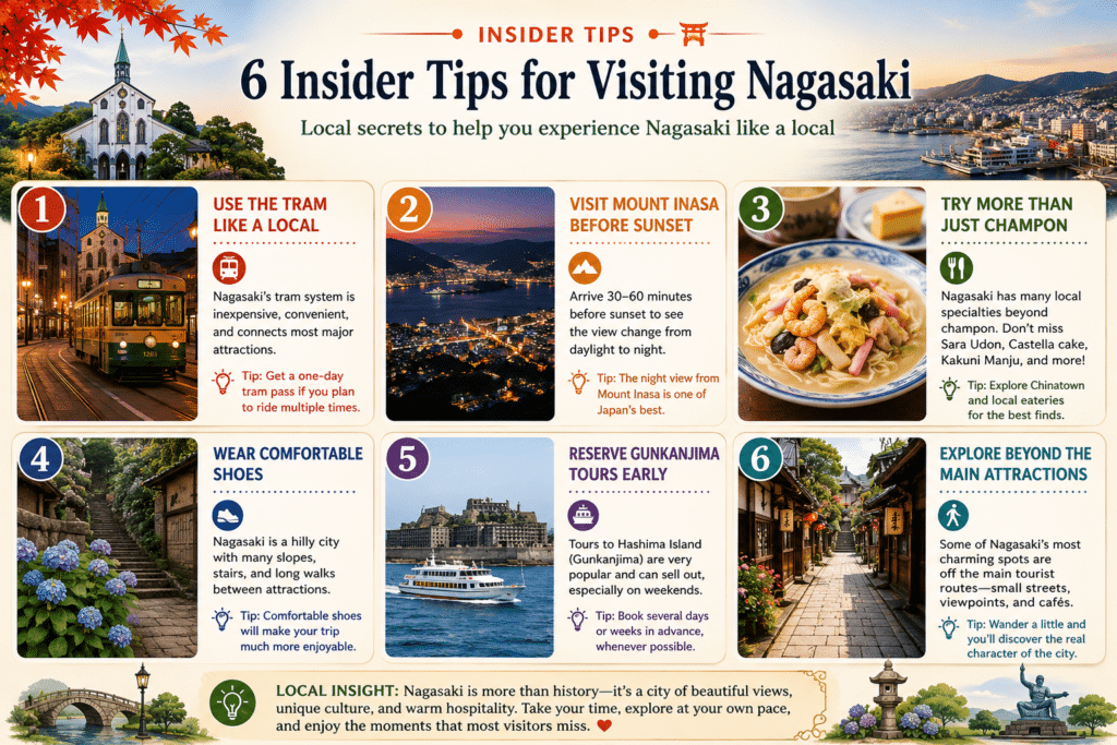 Infographic featuring six insider tips for visiting Nagasaki including tram travel, Mount Inasa, local food, Gunkanjima tours, and hidden attractions