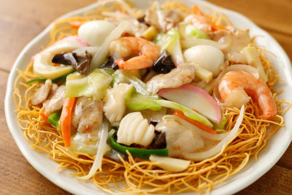 Nagasaki Sara Udon with crispy noodles topped with seafood and vegetables