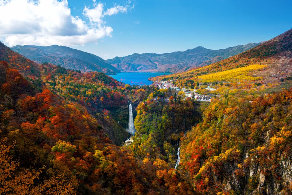 Autumn foliage surrounding Kegon Falls and Lake Chuzenji in Nikko