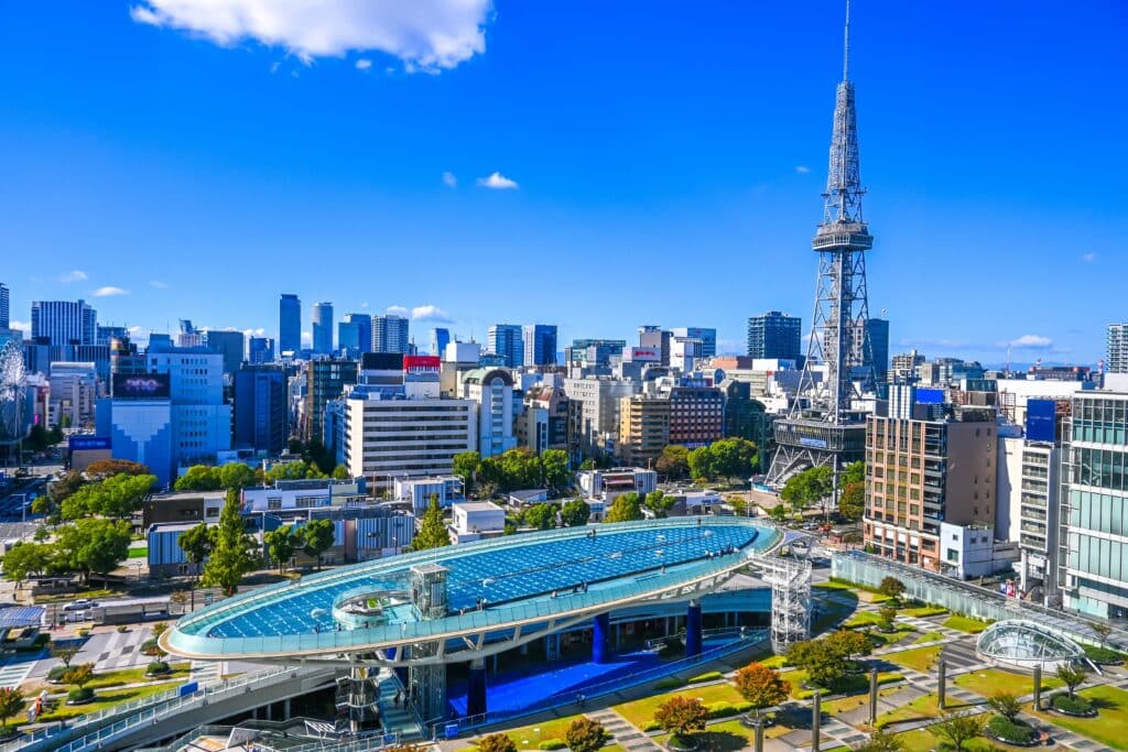 The futuristic Oasis 21 complex and Nagoya TV Tower viewed during the day