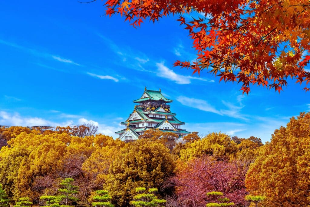 Osaka Castle surrounded by colorful autumn foliage