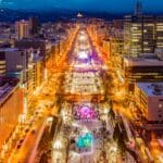Aerial evening view of Odori Park during the Sapporo Snow Festival