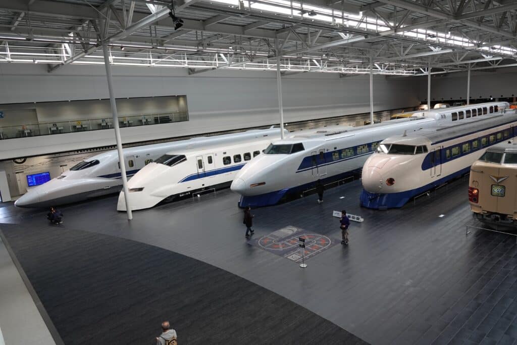 Historic Shinkansen trains displayed inside the SCMAGLEV and Railway Park near Nagoya