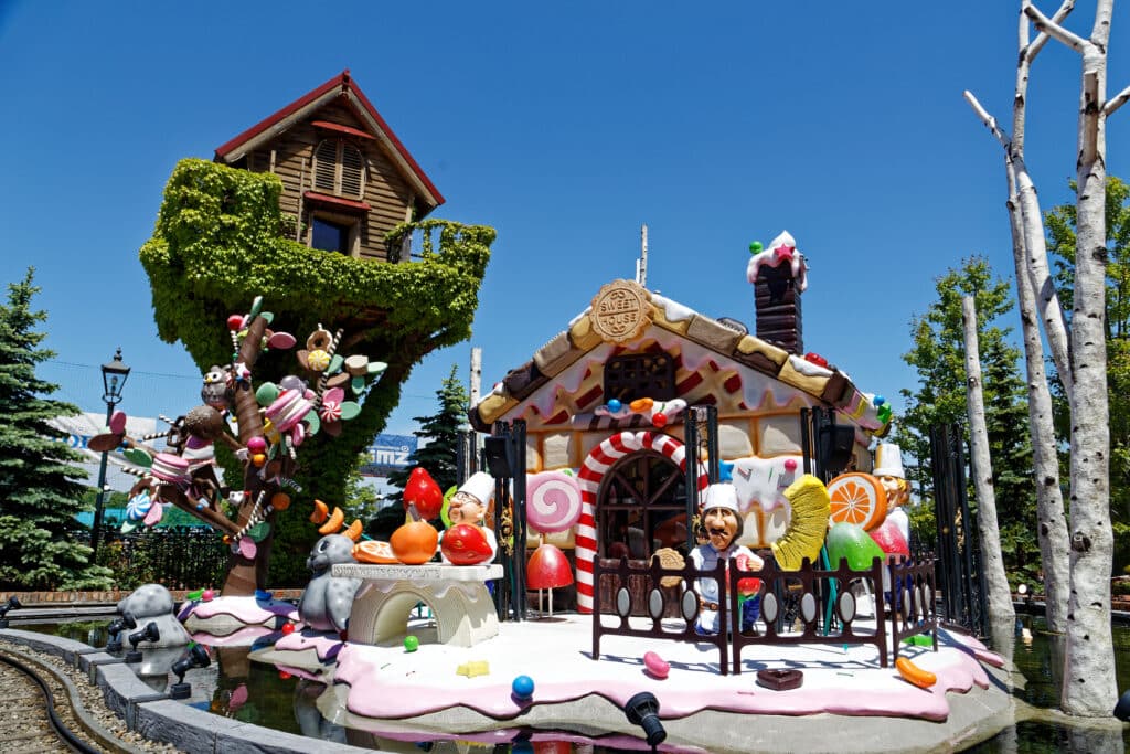 Colorful fairytale-style buildings and candy-themed attractions at Shiroi Koibito Park in Sapporo