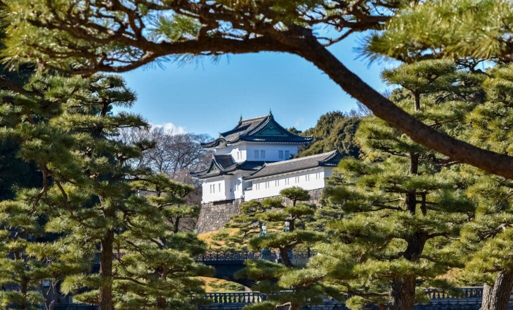 View of the Imperial Palace surrounded by gardens in central Tokyo
