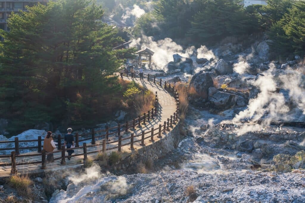 Steam rising from the geothermal landscape of Unzen Jigoku in Nagasaki
