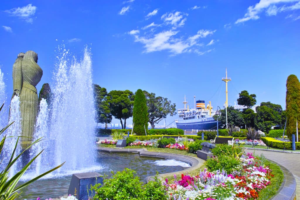 Fountains, flowers, and waterfront views in Yamashita Park Yokohama