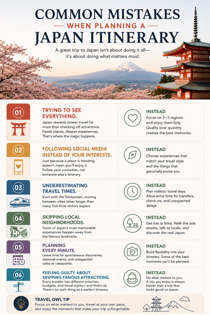 Infographic highlighting the most common mistakes travelers make when planning a Japan itinerary, including trying to see too much, underestimating travel times, and following social media trends