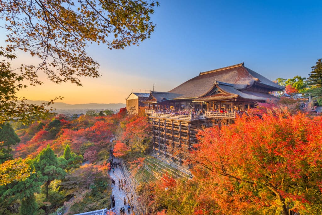 Kiyomizu-dera Temple surrounded by colorful autumn foliage in Kyoto