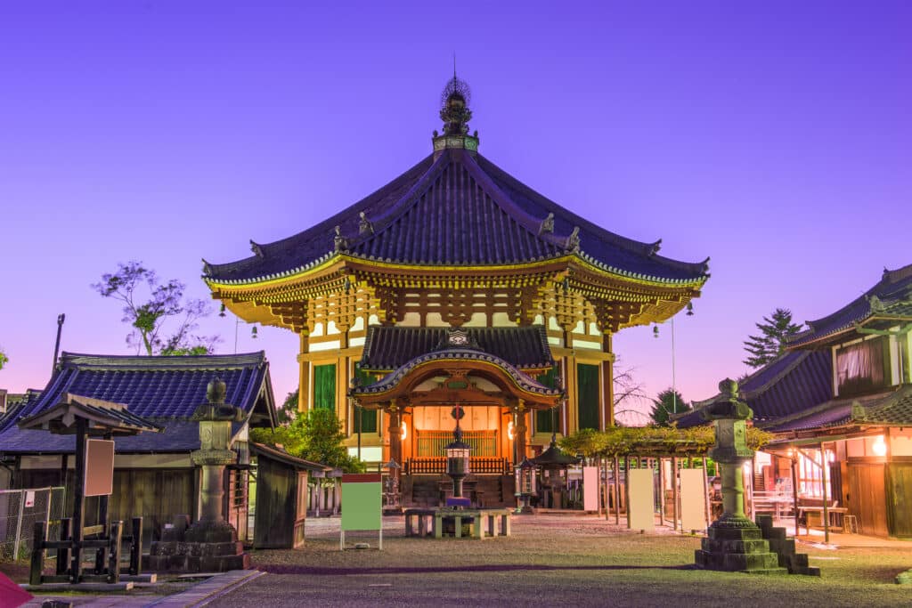 Kofuku-ji Central Golden Hall illuminated at dusk in Nara