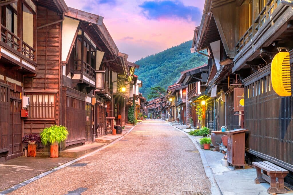 Traditional wooden buildings along the historic Nakasendo Trail in Japan