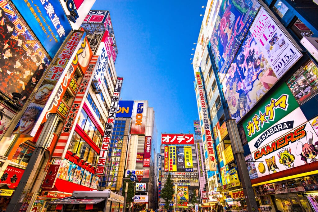 Colorful buildings and anime stores in Akihabara Electric Town