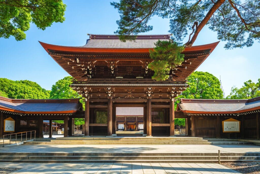 Main gate of Meiji Jingu Shrine surrounded by forest in Tokyo