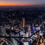 Panoramic sunset view of the Tokyo skyline from Shibuya Sky