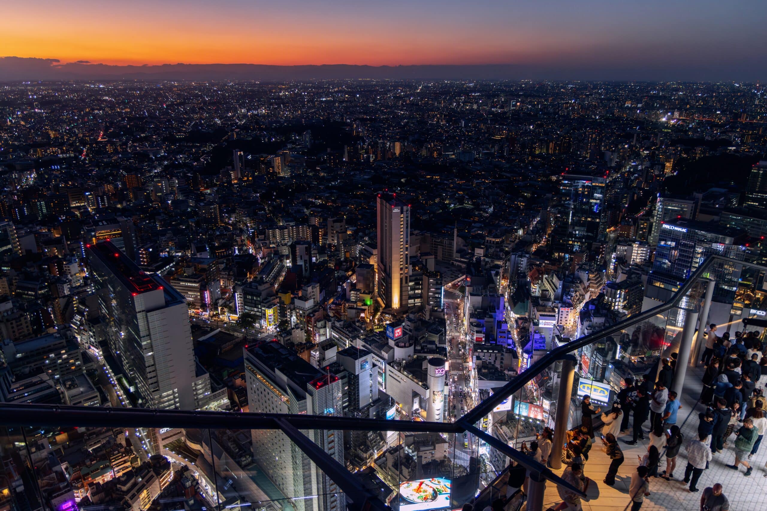 Panoramic sunset view of the Tokyo skyline from Shibuya Sky