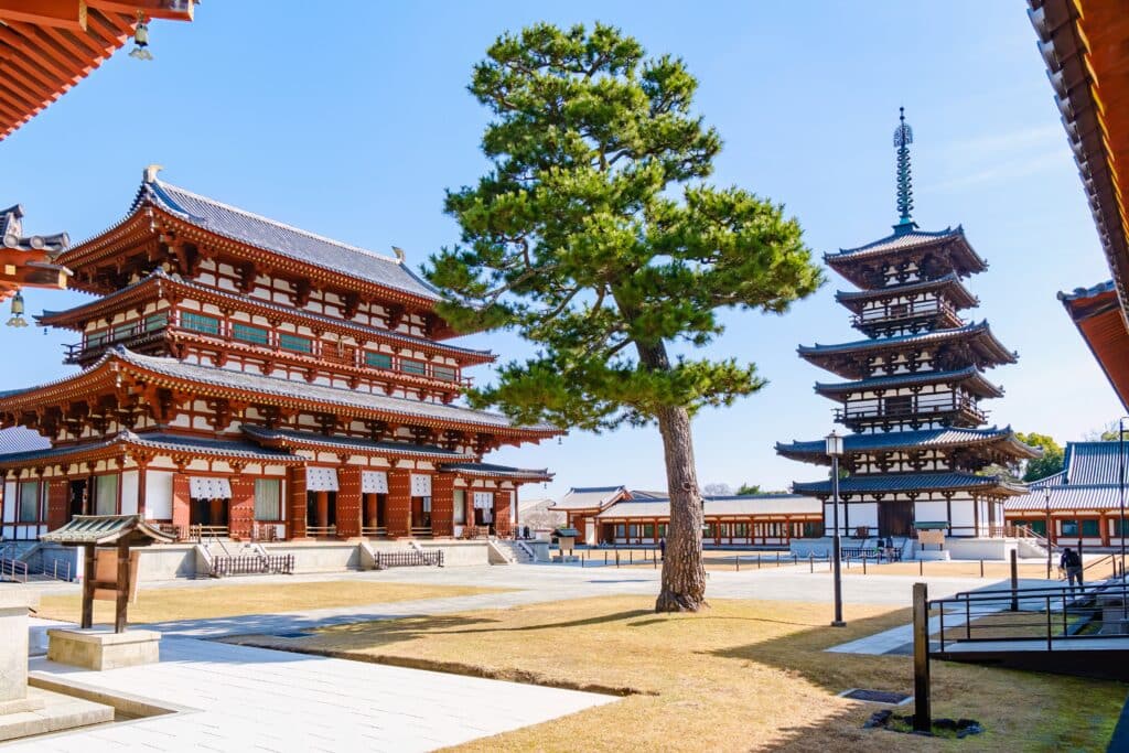 Yakushi-ji Temple with its historic pagoda and temple buildings in Nara, Japan