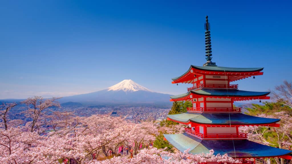 Chureito Pagoda overlooking Mount Fuji during cherry blossom season
