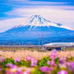 Shinkansen bullet train passing Mount Fuji on Japan's Golden Route