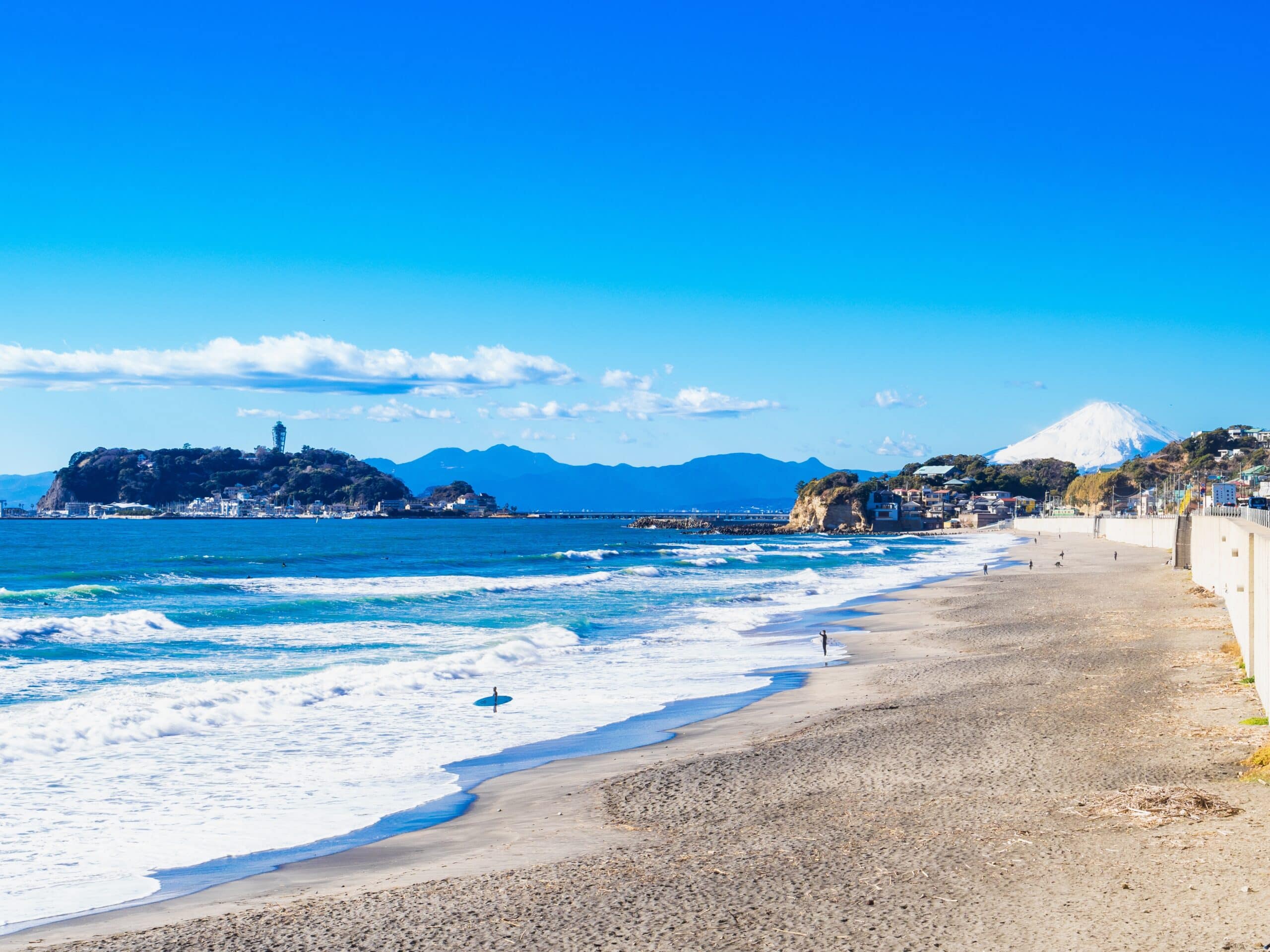 Kamakura coastline with Enoshima and Mount Fuji in the distance