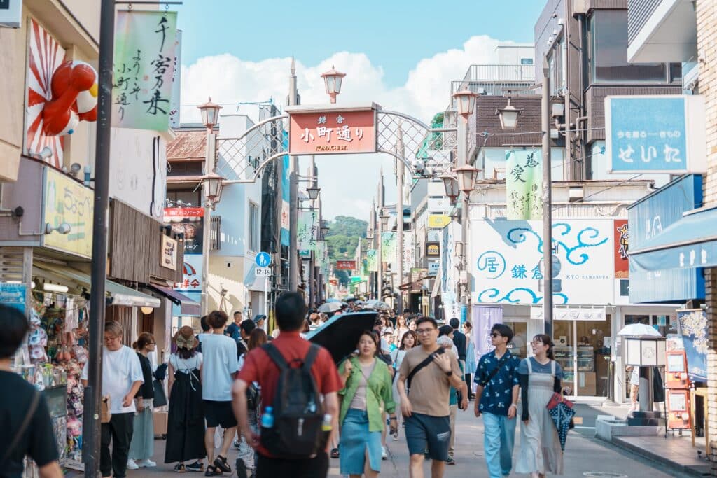 Crowds walking along Komachi Street in central Kamakura