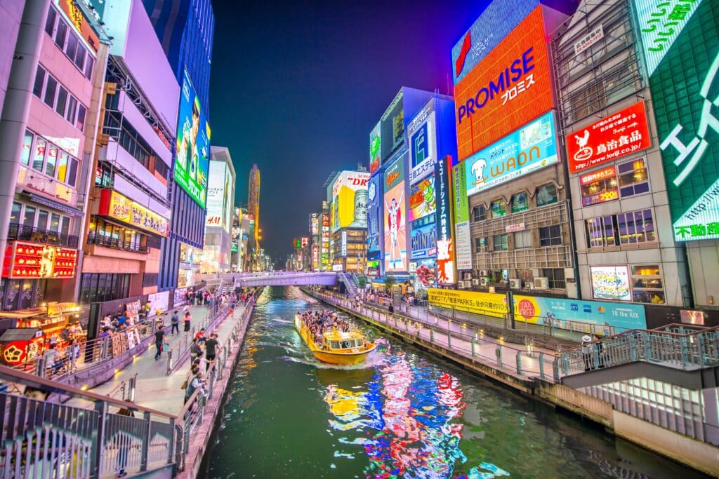 Dotonbori canal and illuminated signs in Osaka at night