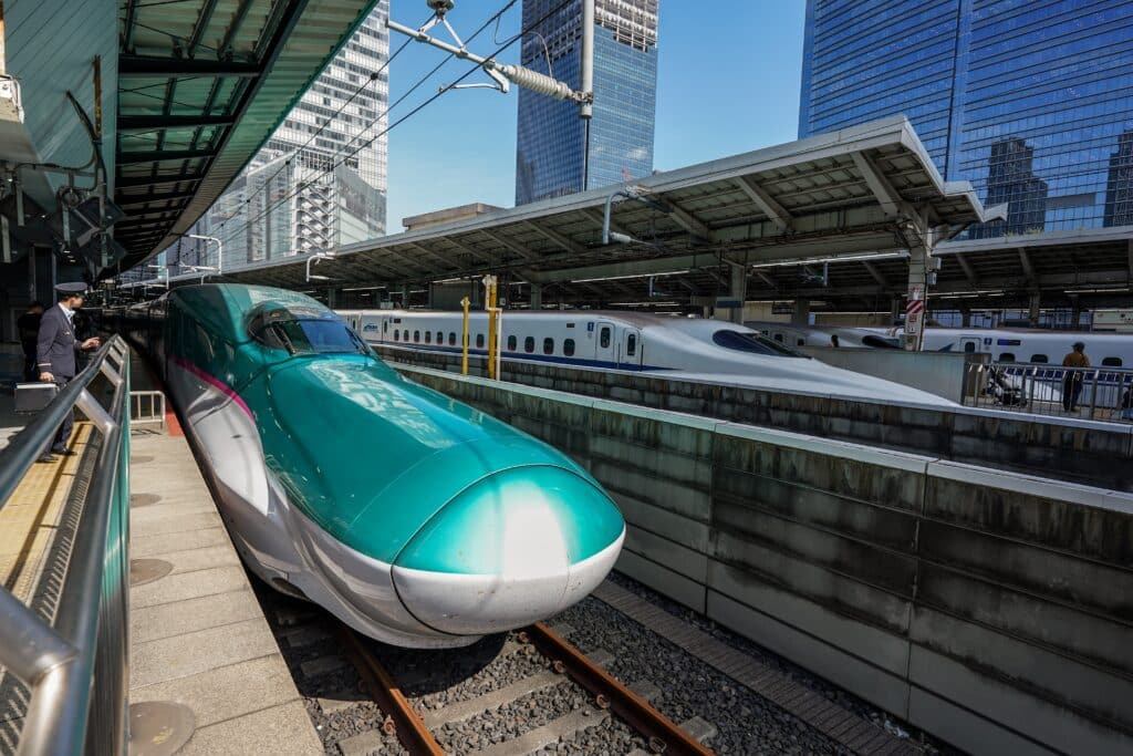 Shinkansen bullet trains at Tokyo Station in Japan