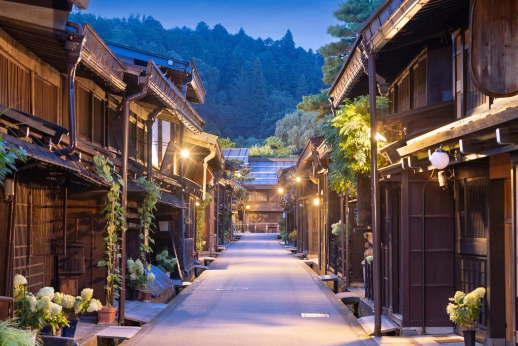 Traditional wooden houses along a historic street in Takayama, Japan