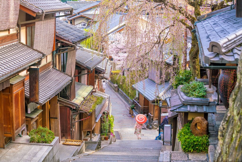 Traditional Kyoto street with cherry blossoms in Japan