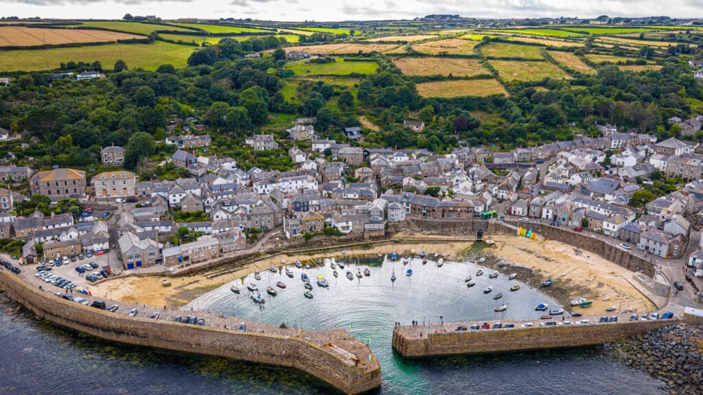 Aerial view of Mousehole harbour and village in Cornwall