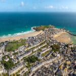 Aerial view of St Ives, its harbour and beaches in Cornwall