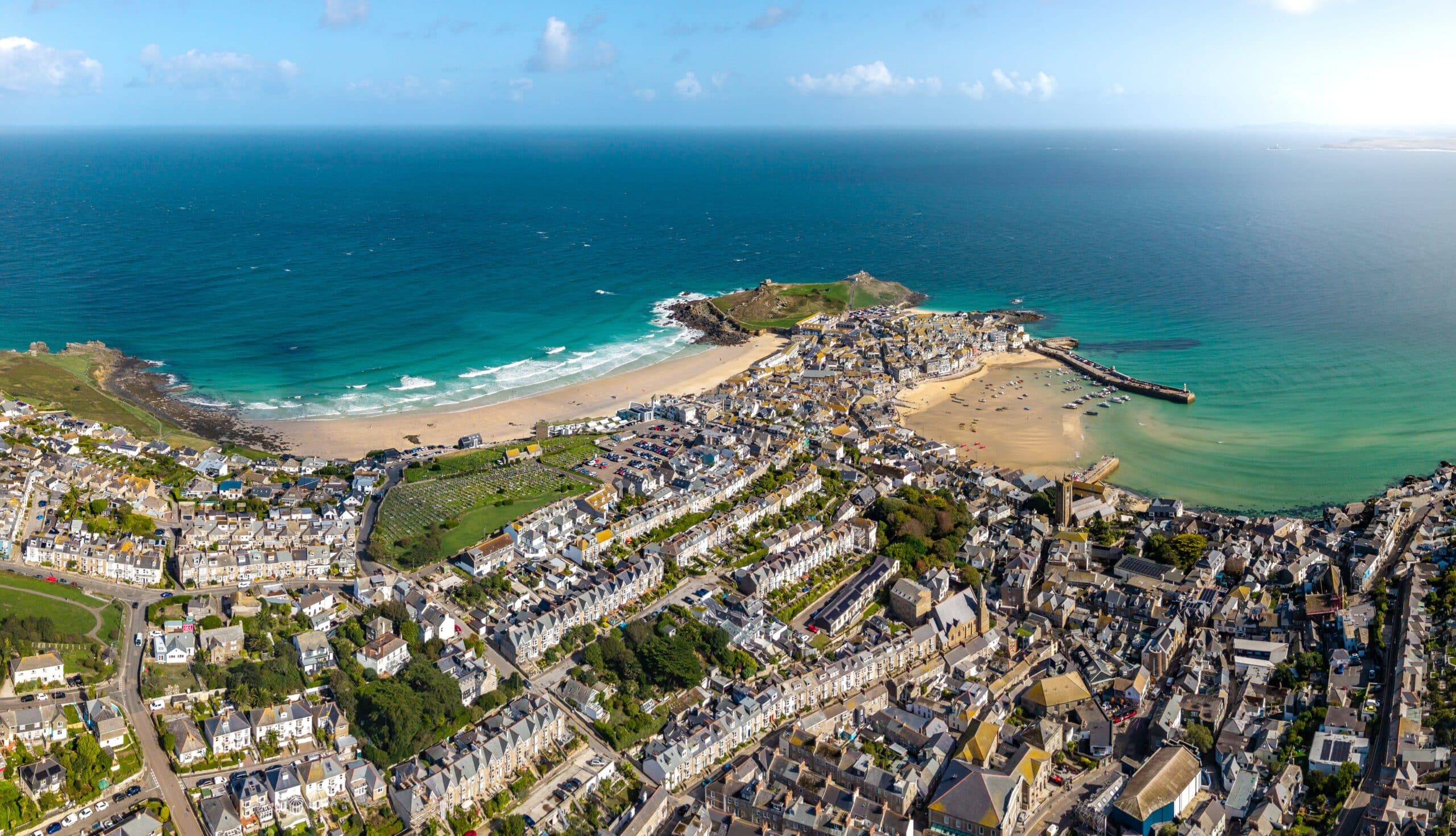 Aerial view of St Ives, its harbour and beaches in Cornwall