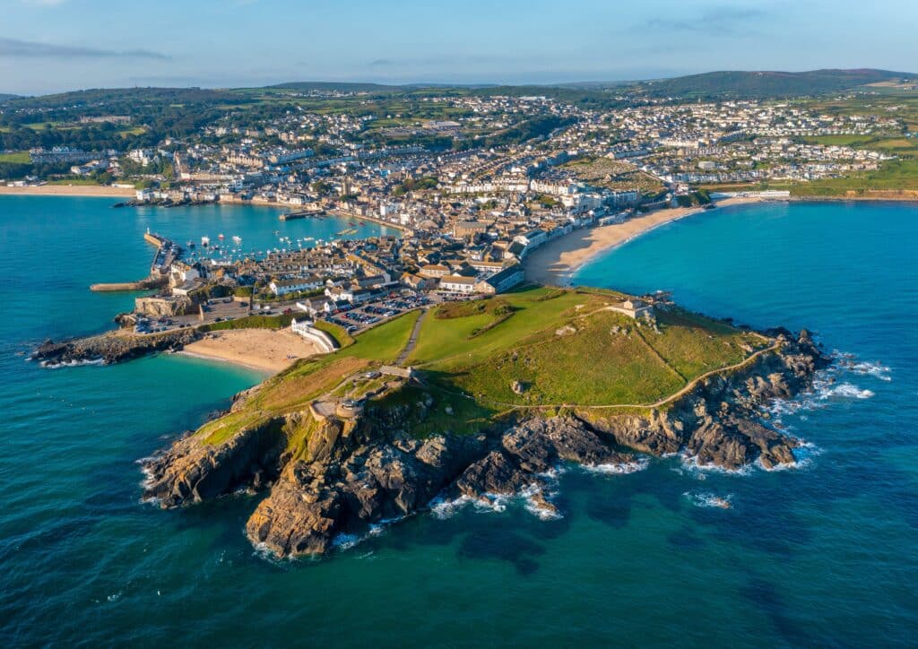 Aerial view of St Ives, its harbour, beaches and coastline in Cornwall