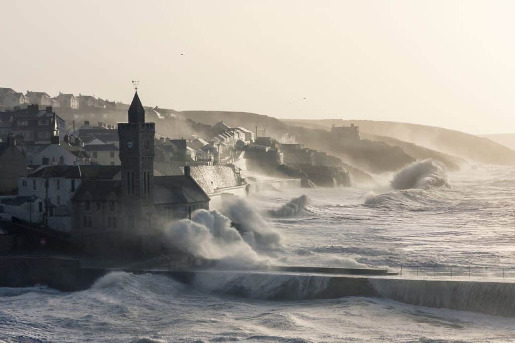Storm waves hitting the coast of Cornwall in winter