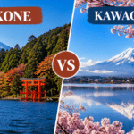 Hakone vs Kawaguchiko comparison featuring Lake Ashi and Hakone Shrine on the left and Mount Fuji above Lake Kawaguchiko on the right