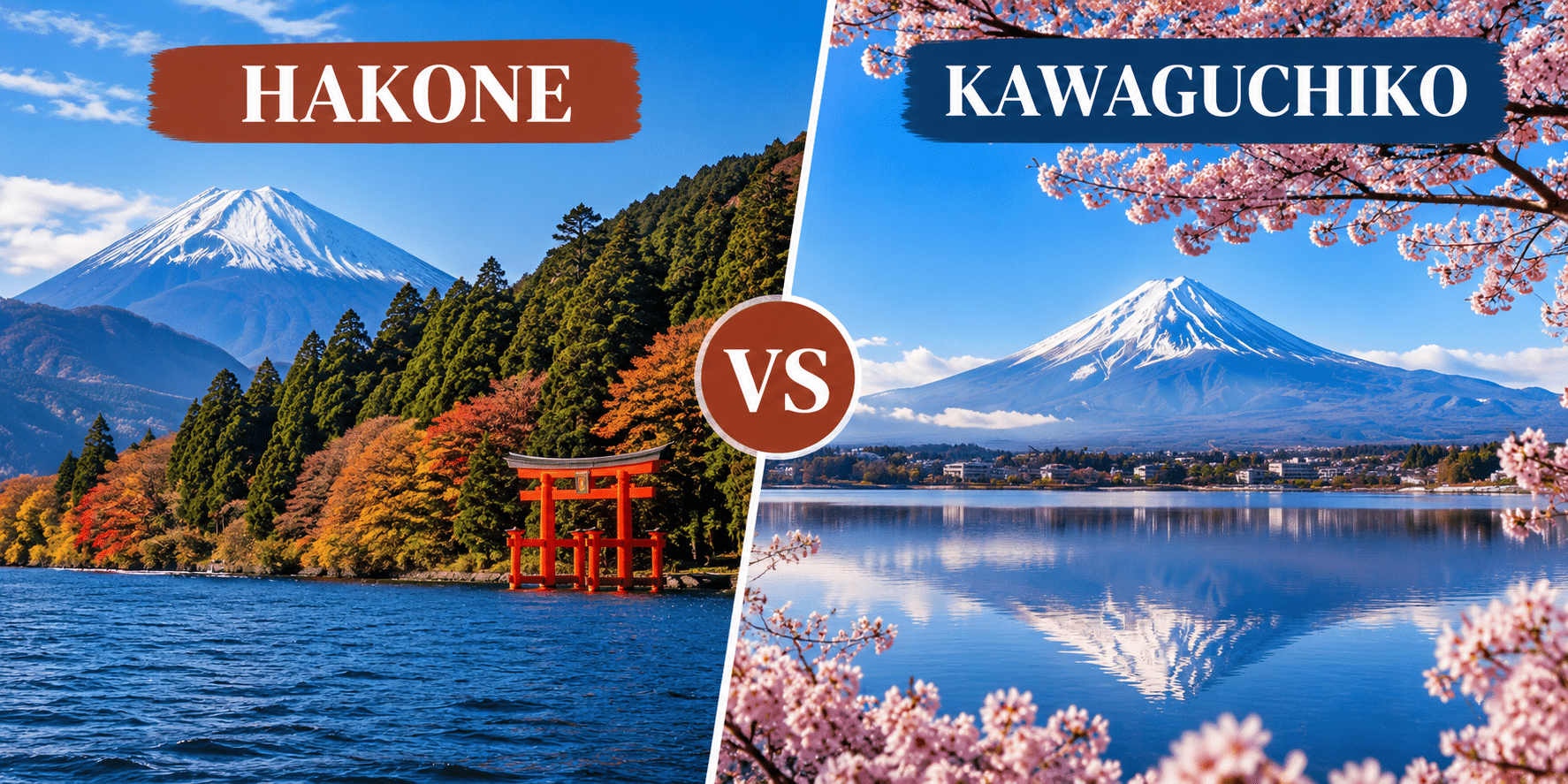 Hakone vs Kawaguchiko comparison featuring Lake Ashi and Hakone Shrine on the left and Mount Fuji above Lake Kawaguchiko on the right