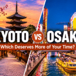 Split image comparing Kyoto's traditional streets and historic pagoda at sunset with Osaka's illuminated Dotonbori district at night