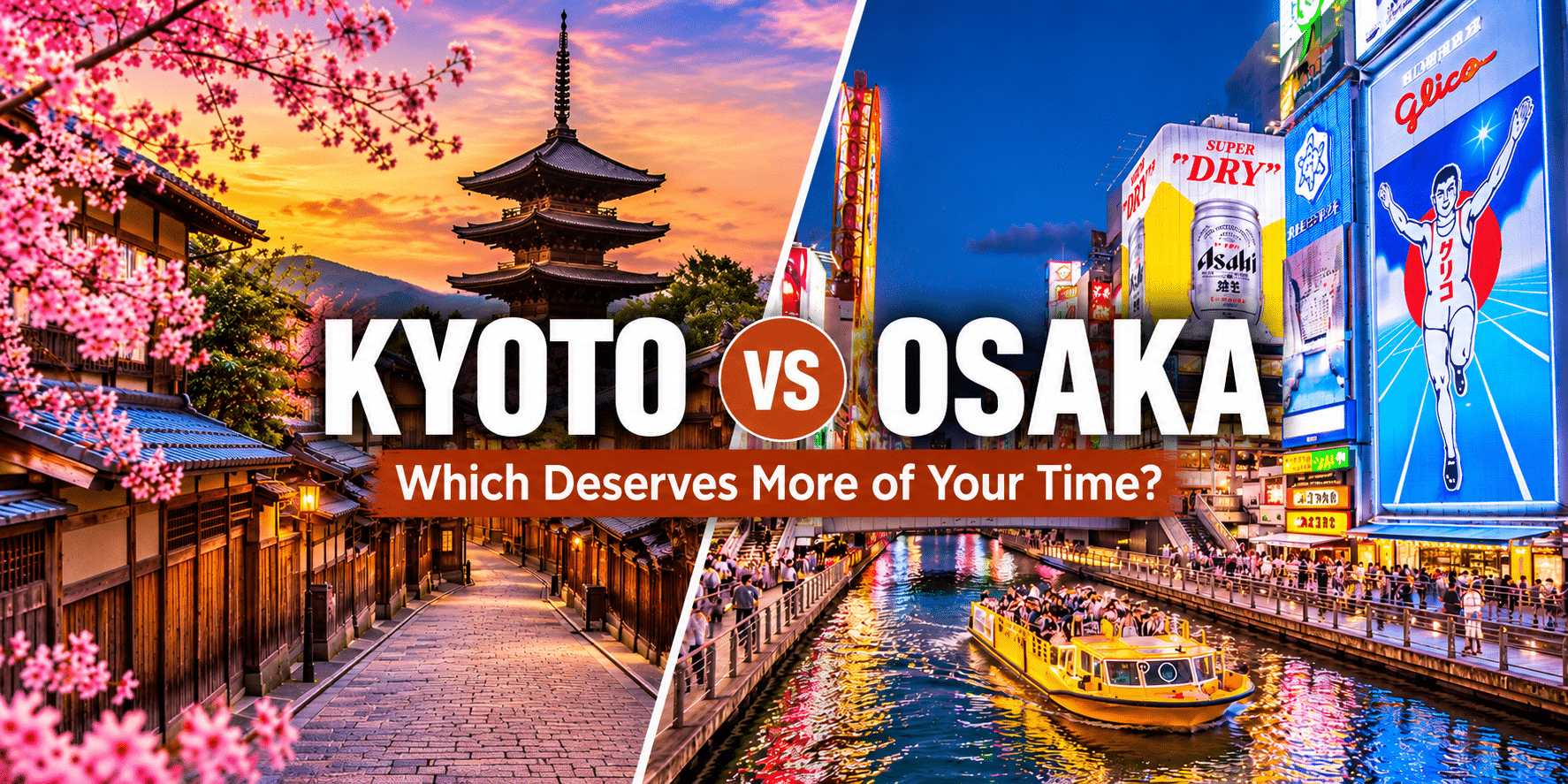 Split image comparing Kyoto's traditional streets and historic pagoda at sunset with Osaka's illuminated Dotonbori district at night